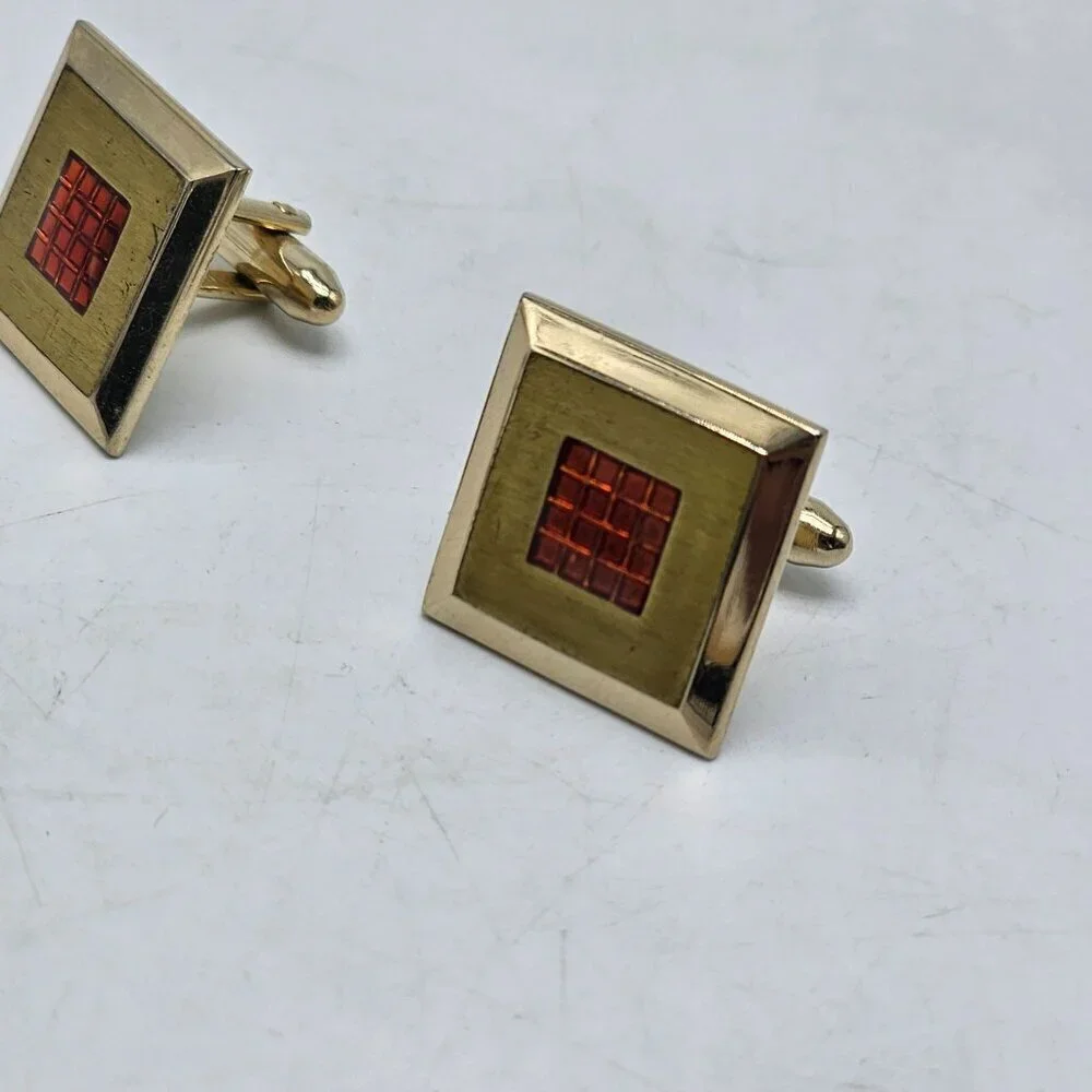 Vintage Gold Tone Orange Enamel Square Cufflinks with Bell Mark